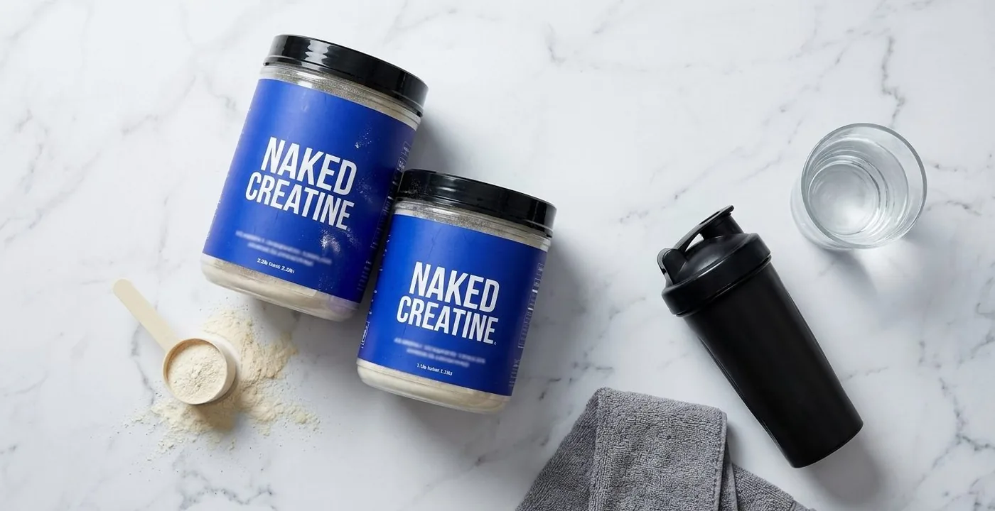 Naked Creatine Monohydrate powder container on a clean white surface
