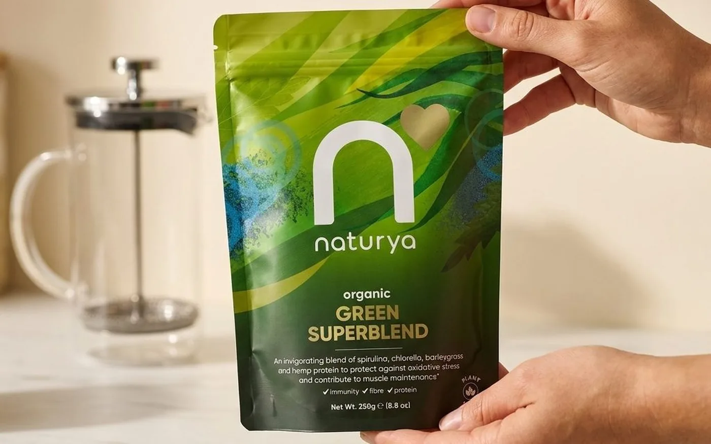 Naturya Organic Green Blend ingredient label showing six certified organic ingredients