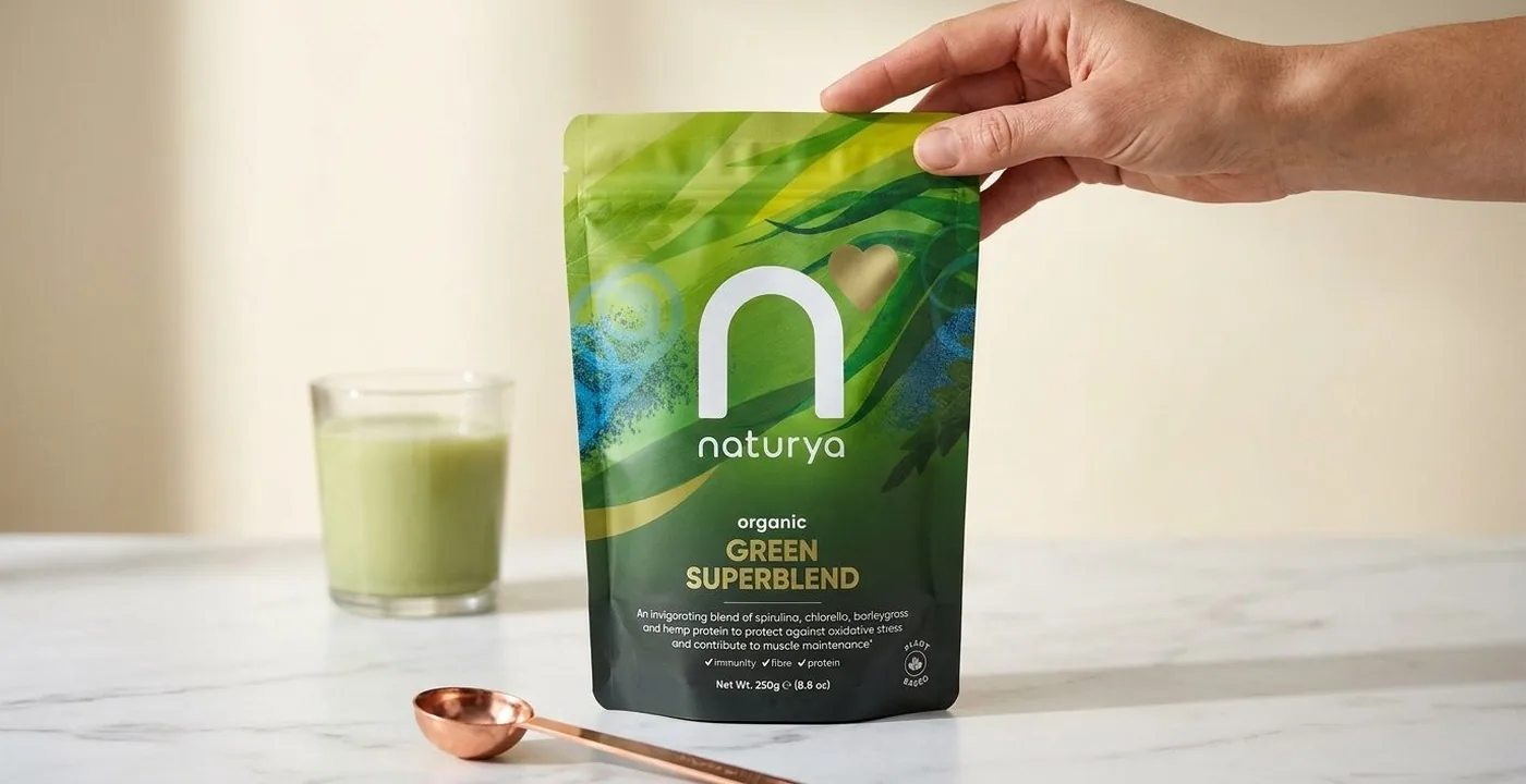 Naturya Organic Green Blend 250g pouch on a marble surface with a glass of green drink