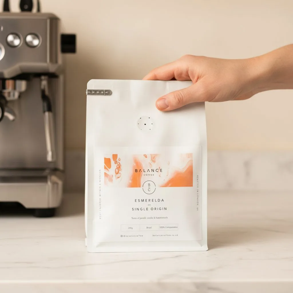 Balance Coffee Aurora Reserve bag on white marble - the test coffee used in the Niche Zero vs Eureka Mignon comparison