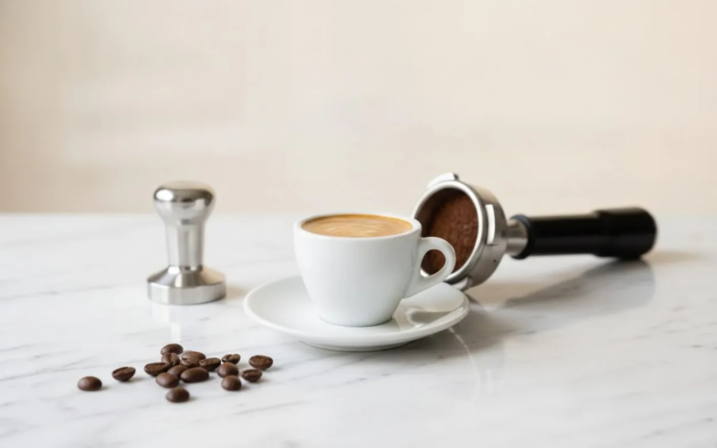 Espresso extraction setup with white ceramic cup, crema, portafilter and tamper on white marble