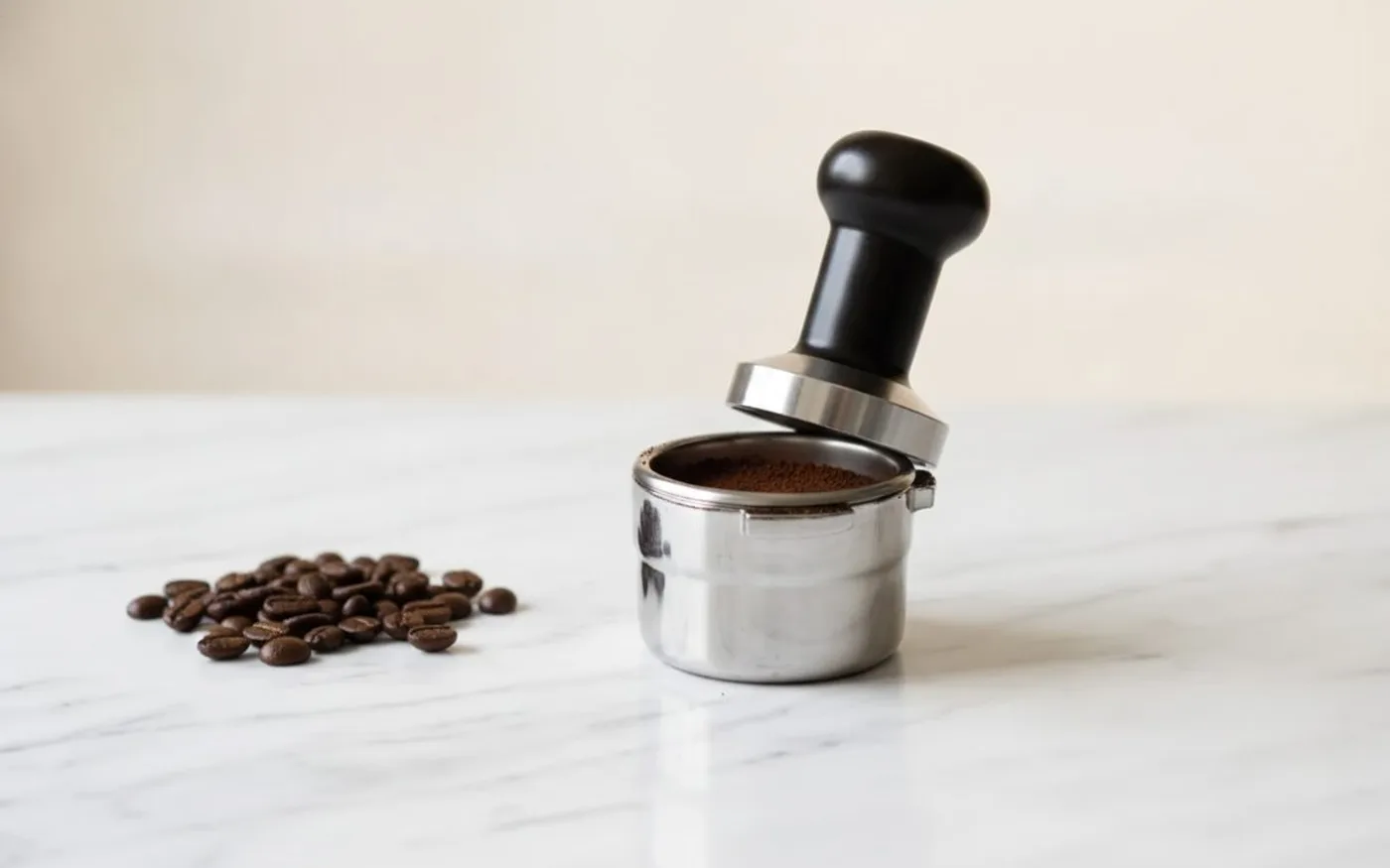 Bottomless portafilter basket with ground espresso dose and tamper on white marble