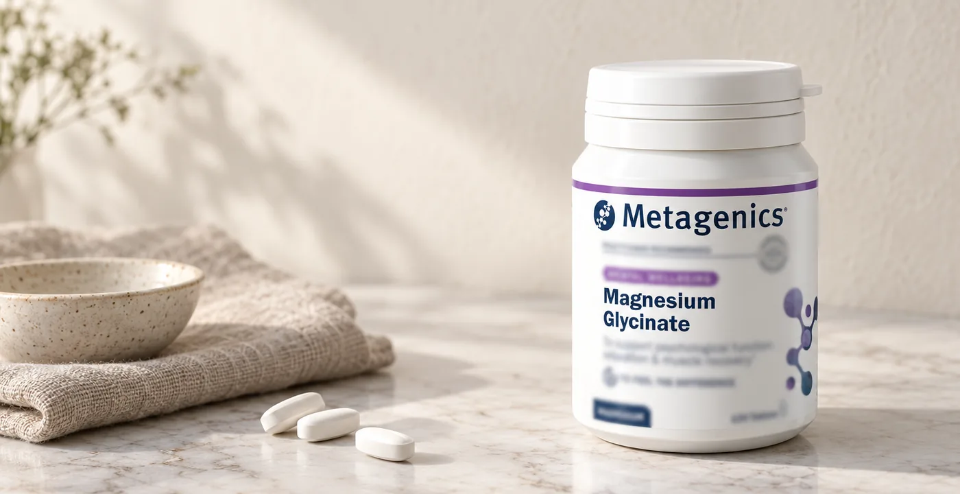 Metagenics Magnesium Glycinate 120-tablet tub on a marble surface beside folded linen and a ceramic bowl