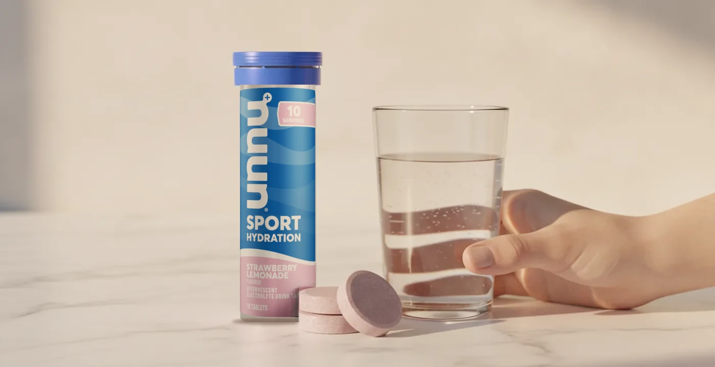 Nuun Sport electrolyte tablets with tube and dissolved drink on white marble surface
