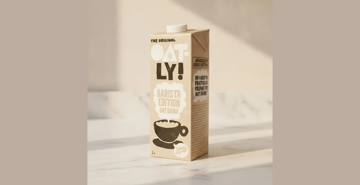 Oatly Barista Edition carton on a kitchen counter next to a domestic espresso machine