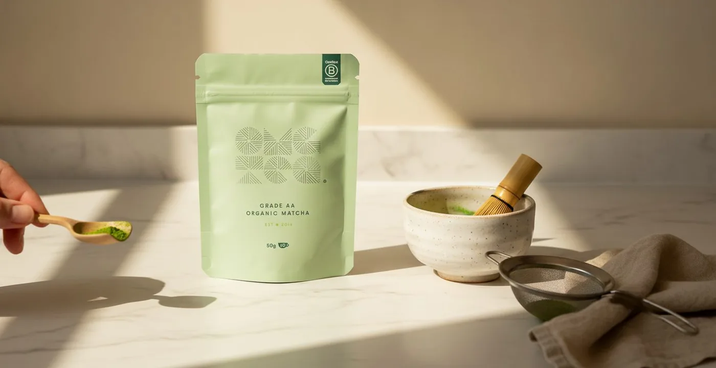 OMGTea AAA matcha powder in a white ceramic bowl showing vibrant emerald green colour