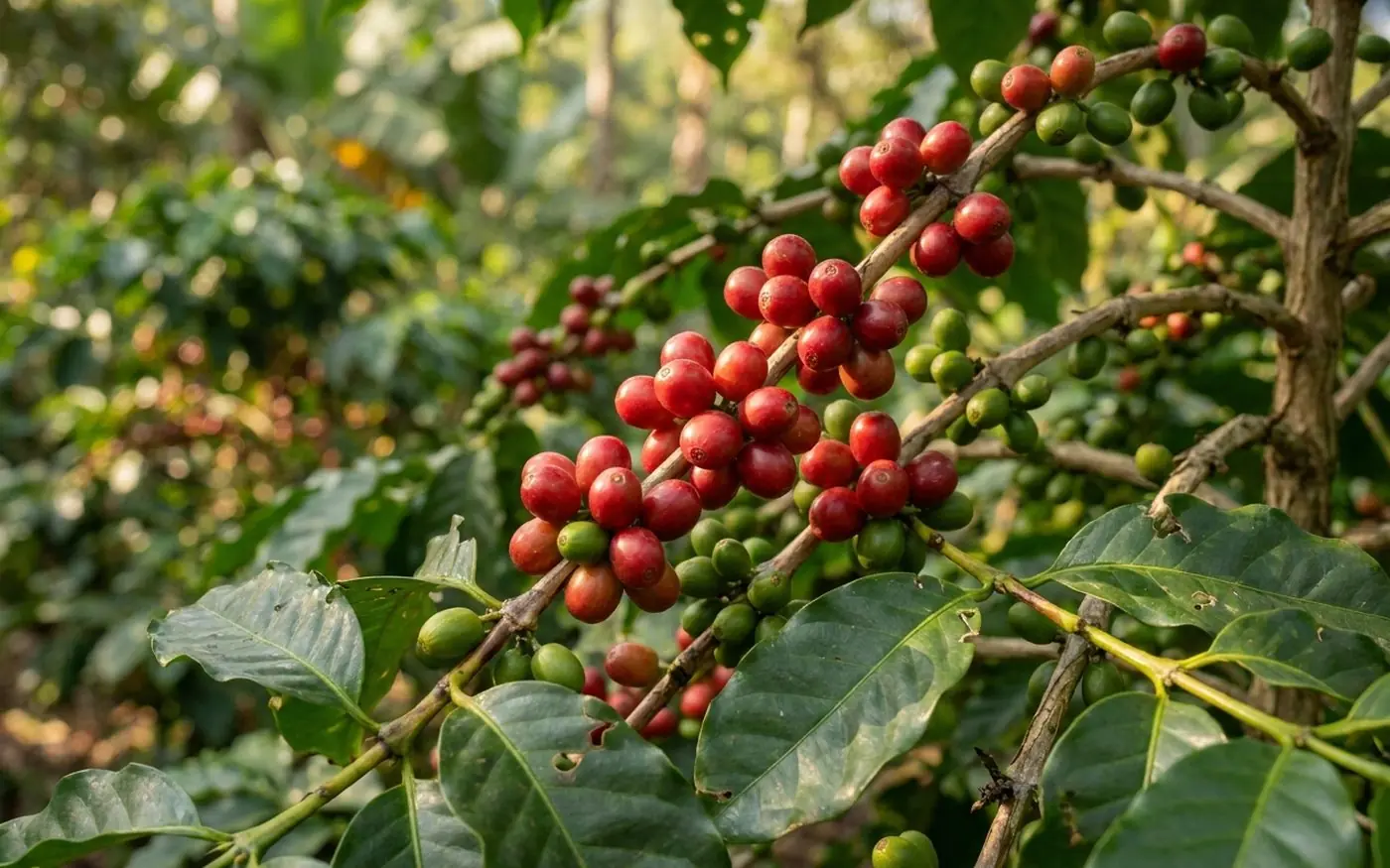 Green coffee cherries on a farm - most pesticide residue is removed during washing and roasting