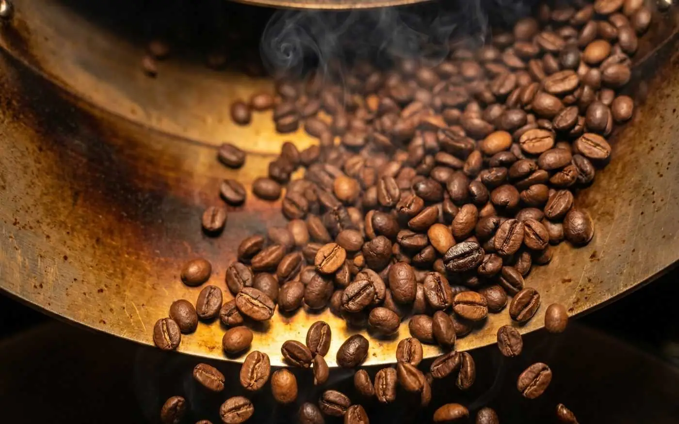 Coffee beans being roasted at high temperature - roasting destroys up to 99% of pesticide residue