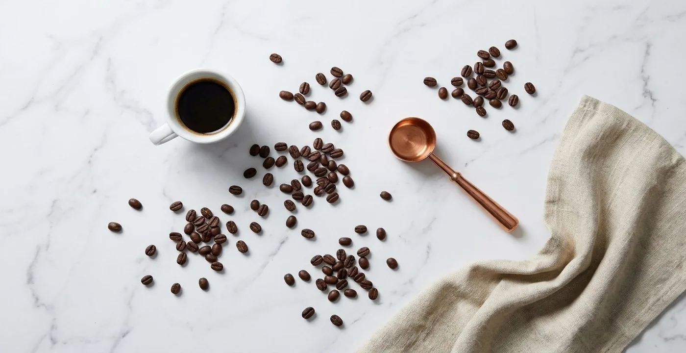 Coffee beans next to a laboratory testing container representing pesticide screening in coffee