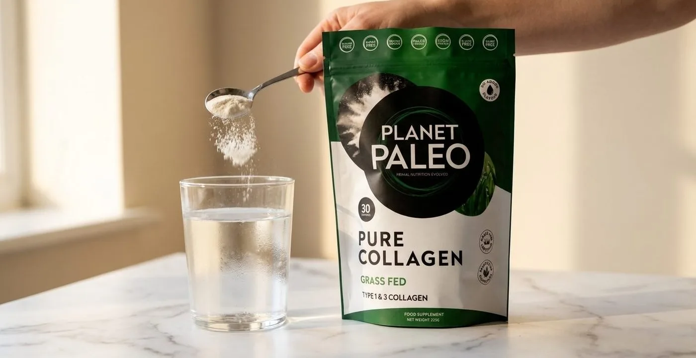Planet Paleo Pure Collagen powder in a clear glass on a wooden surface