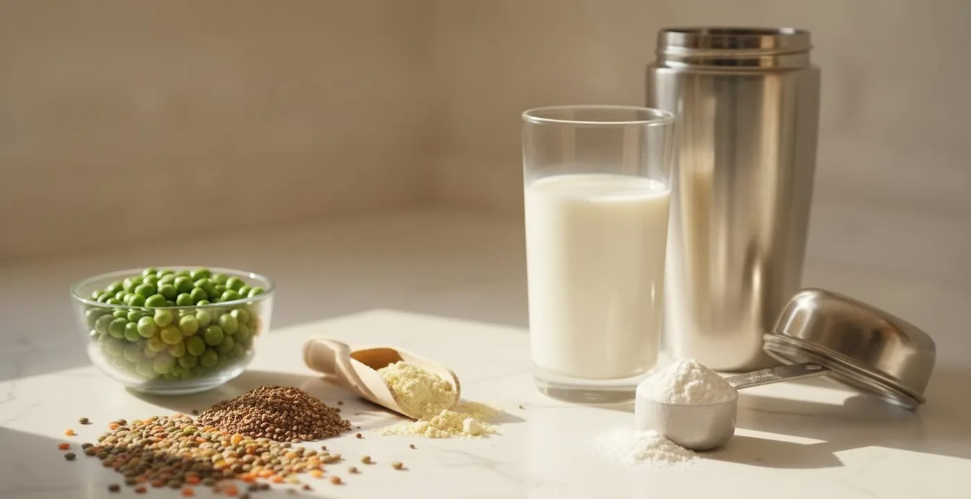 Plant protein powder and whey protein powder side by side comparison