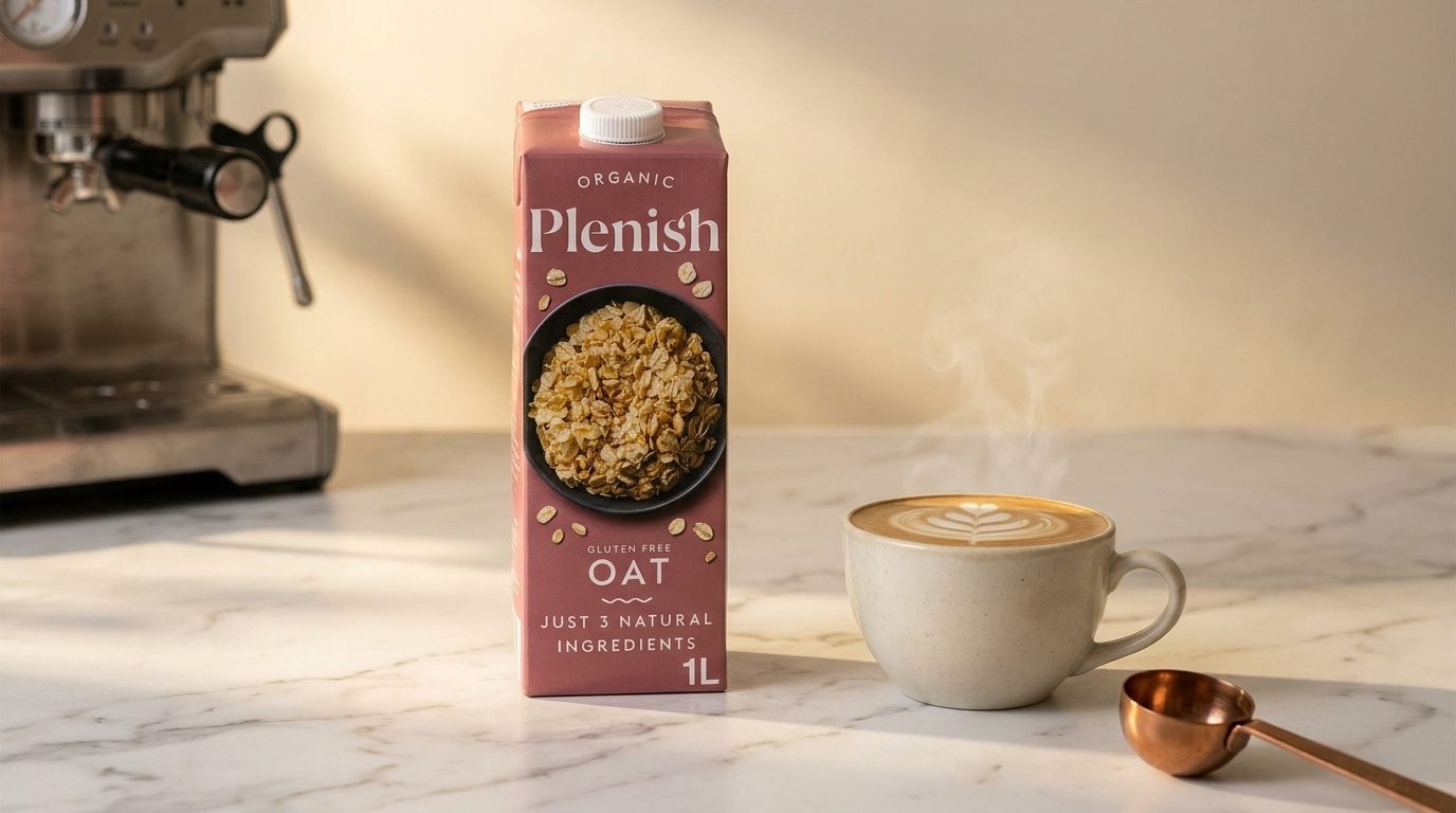 Plenish oat milk carton on a clean surface