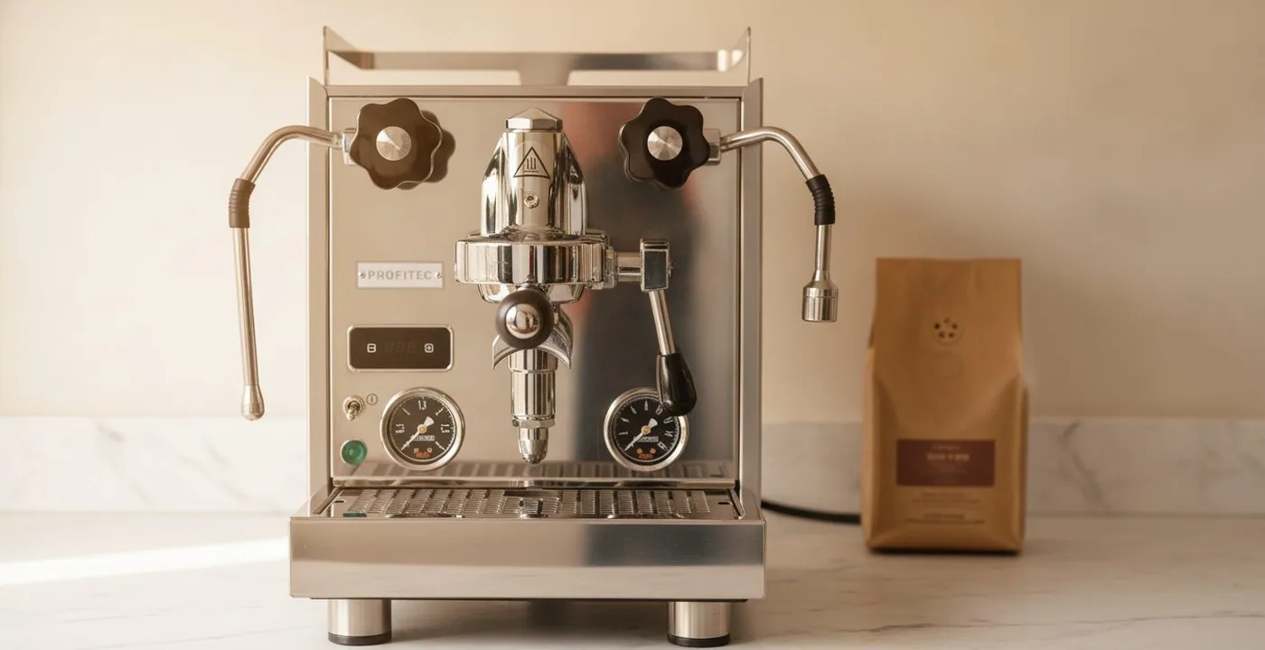 Profitec Pro 600 espresso machine on a kitchen counter - front view showing dual pressure gauges and joystick steam valve