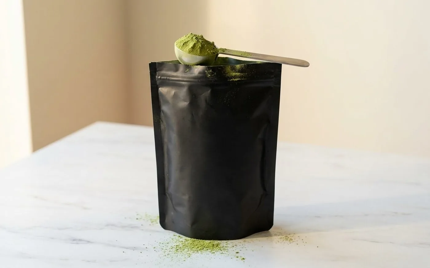 Greens powder being scooped from a supplement pouch on a white marble countertop