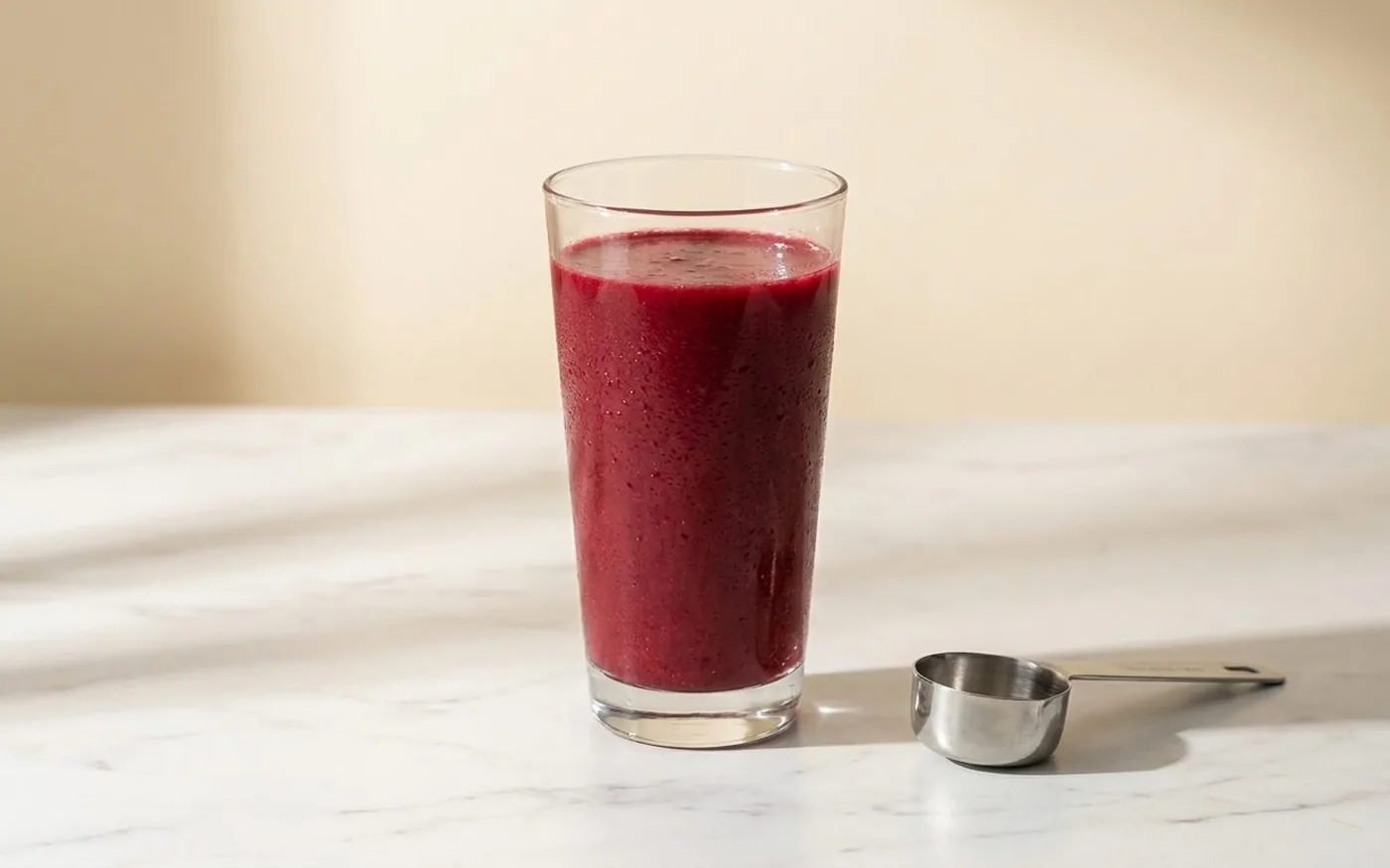 A glass of prepared berry-coloured greens drink on a white marble countertop