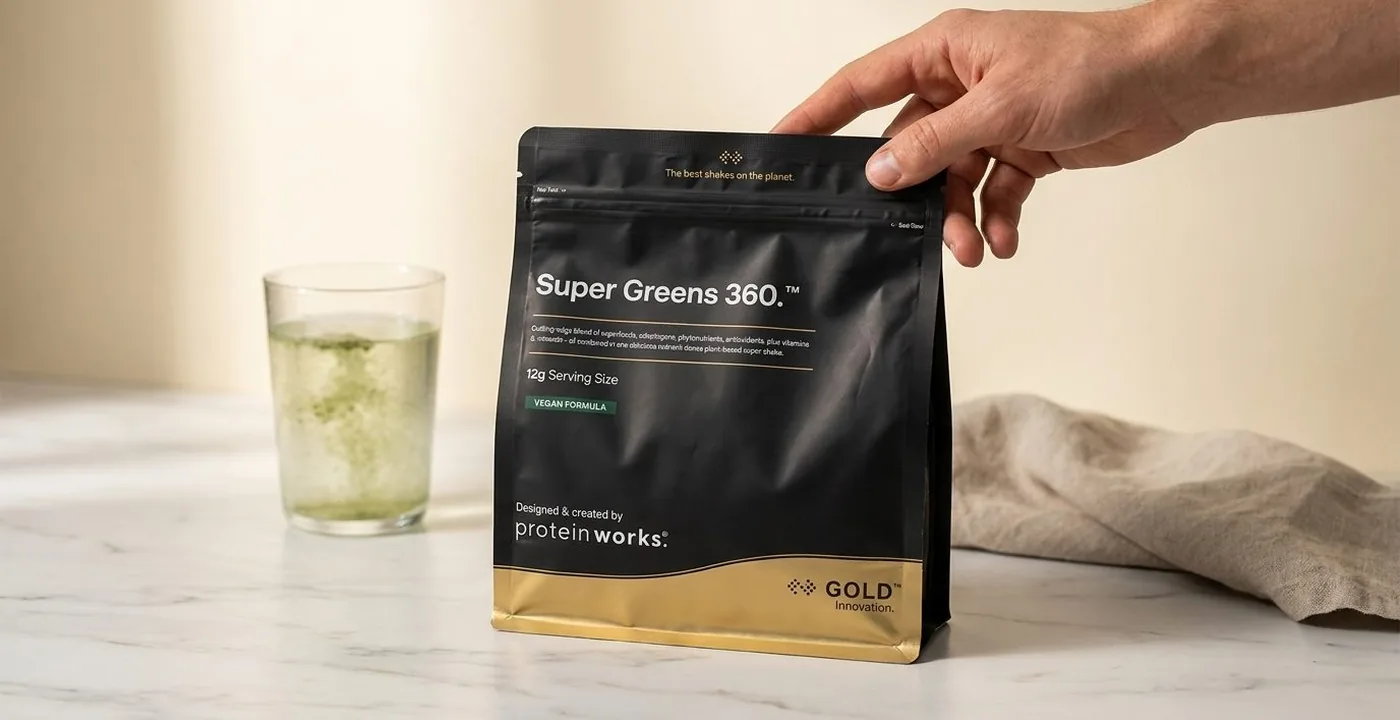 Protein Works Super Greens powder pouch on a marble surface