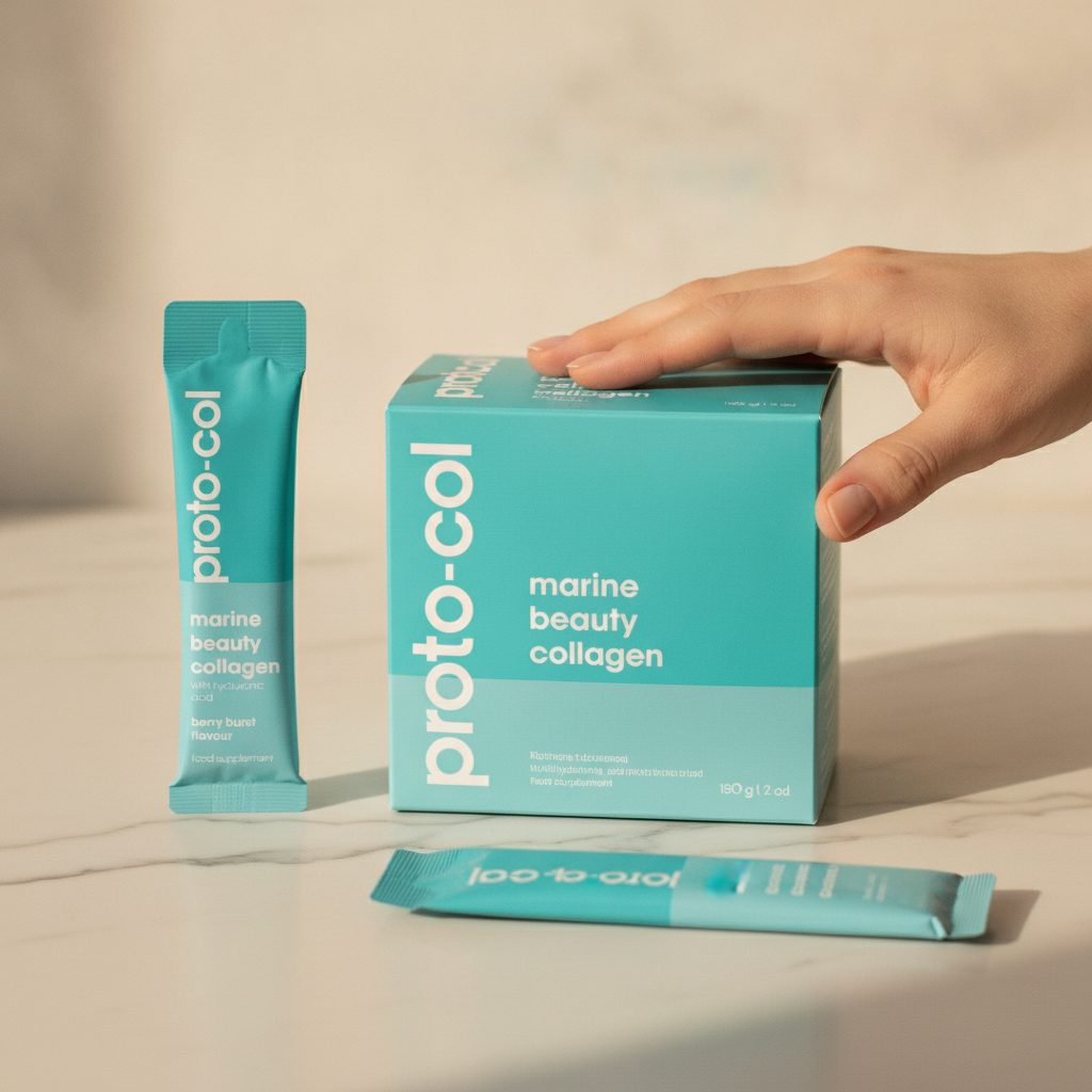 Proto-col Marine Beauty Collagen sachets and capsules arranged on a clean surface