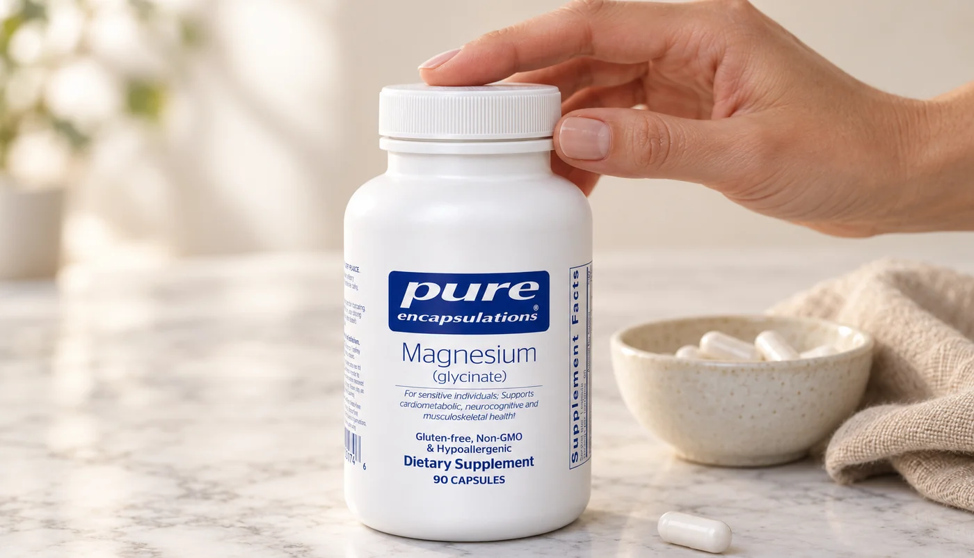 Hand resting on the cap of a white Pure Encapsulations Magnesium (glycinate) 90-capsule bottle on white marble beside a bowl of capsules and linen