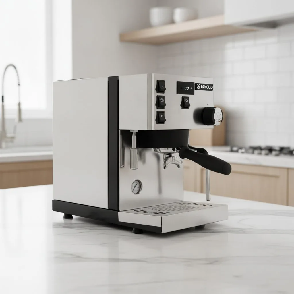 Rancilio Silvia Pro X stainless steel espresso machine in kitchen showing steam wand and control panel