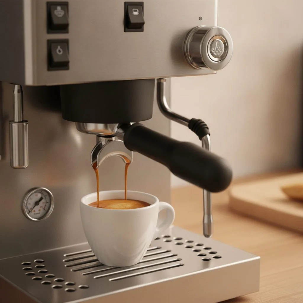 Espresso shot being pulled through the Rancilio Silvia Pro X with crema forming in porcelain cup