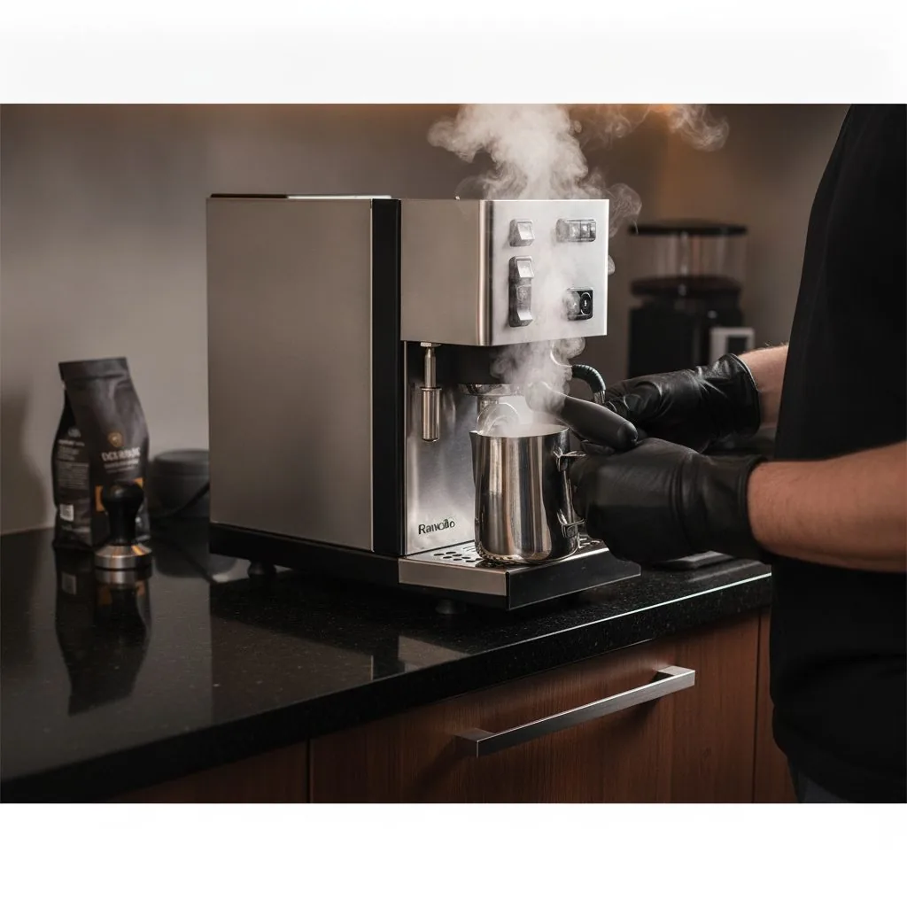 Rancilio Silvia Pro X steam wand texturing milk in stainless steel pitcher