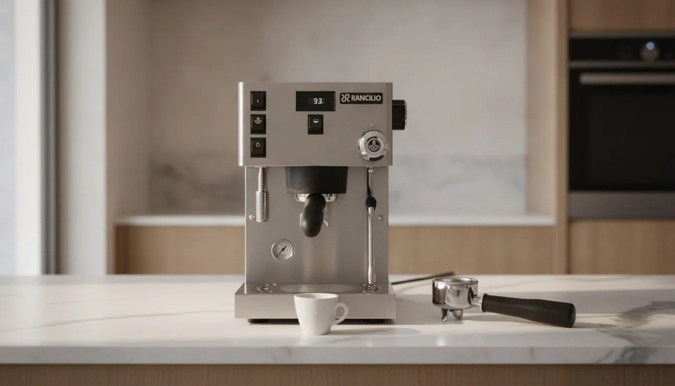 Rancilio Silvia Pro X espresso machine on a kitchen counter with portafilter and espresso cup
