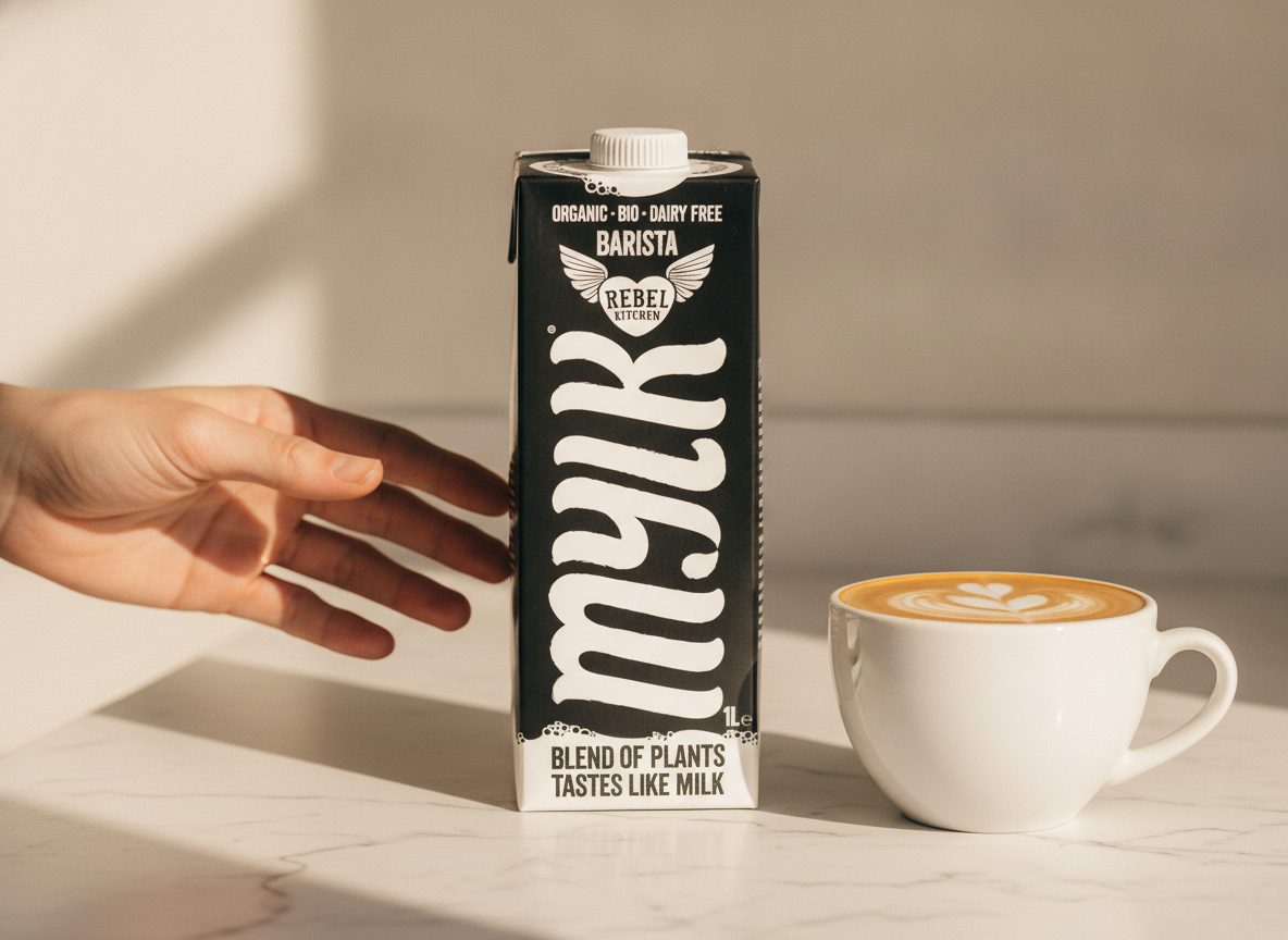Rebel Kitchen Barista Mylk carton beside a latte with heart latte art, hand reaching for it