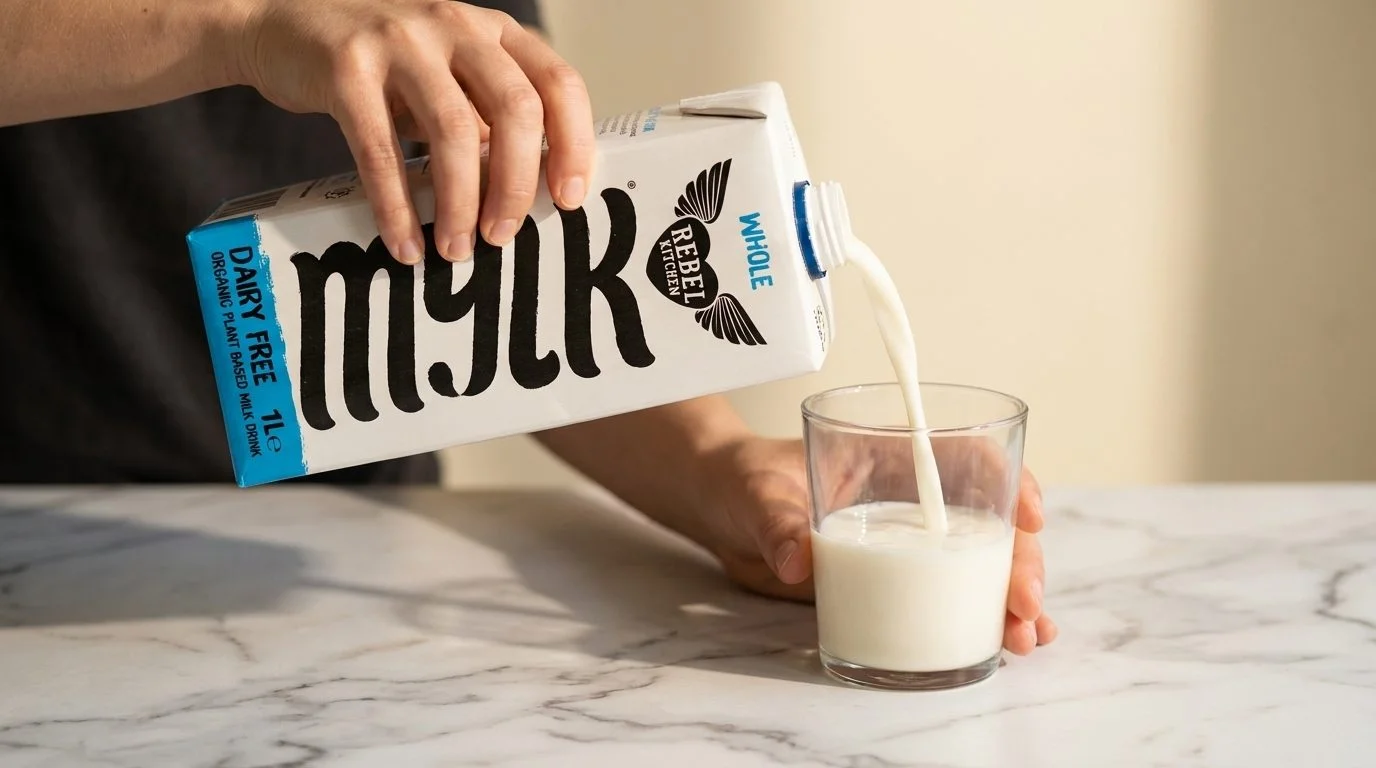 Hand pouring Rebel Kitchen Whole Mylk from a carton into a glass on a marble counter