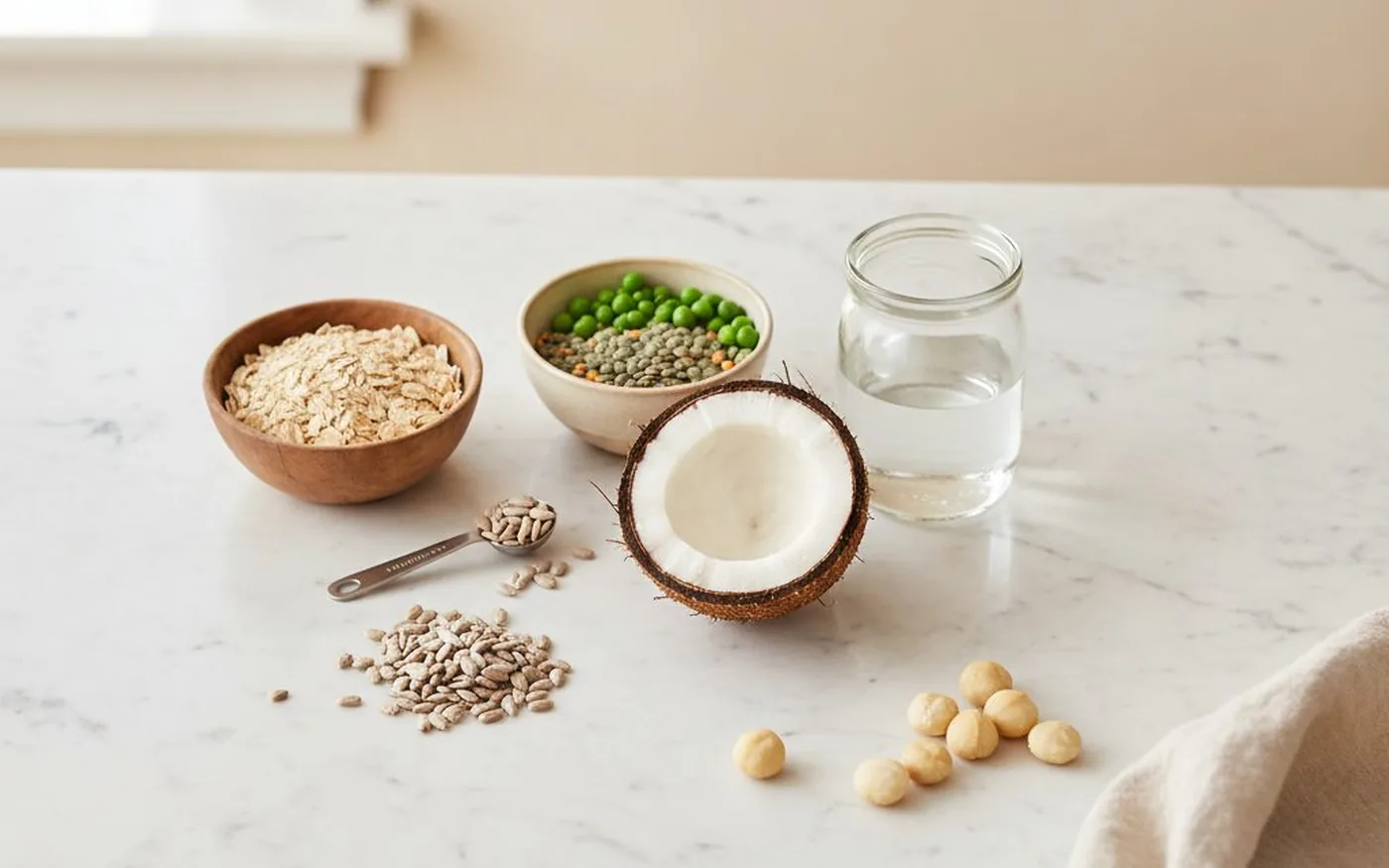 Plant milk ingredients: halved coconut, split peas, oats, macadamia nuts and a jar of water