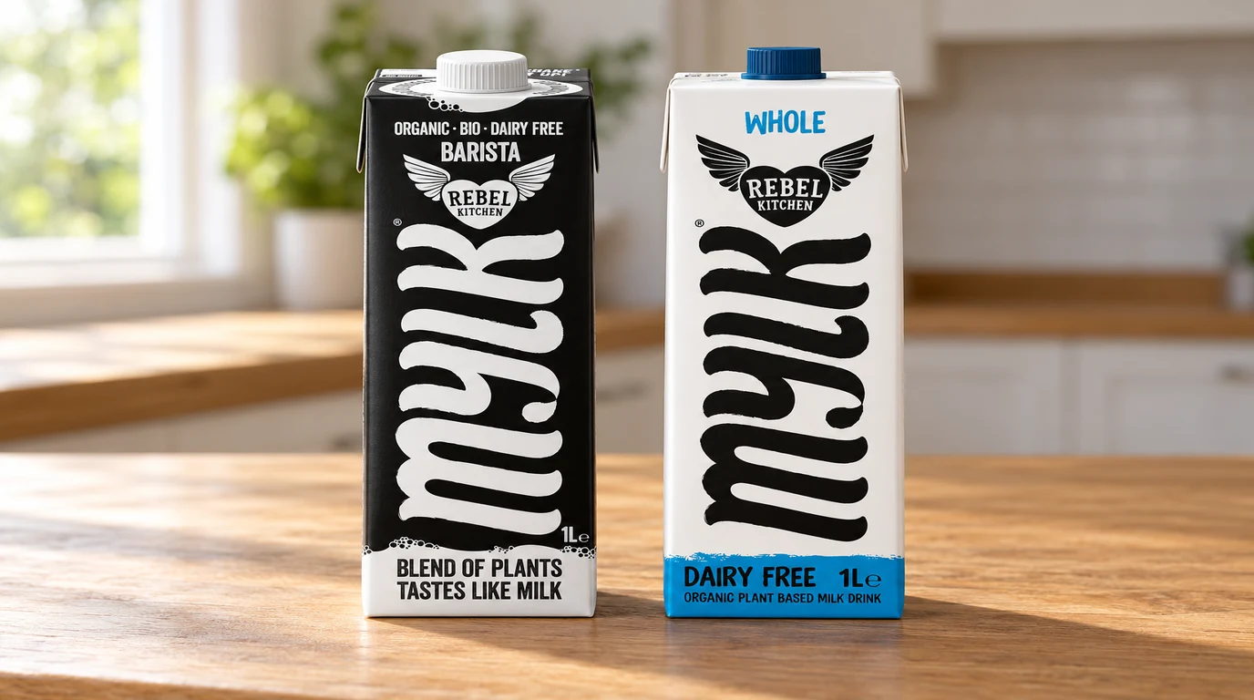Rebel Kitchen Barista Mylk carton with a flat white coffee on a wooden surface