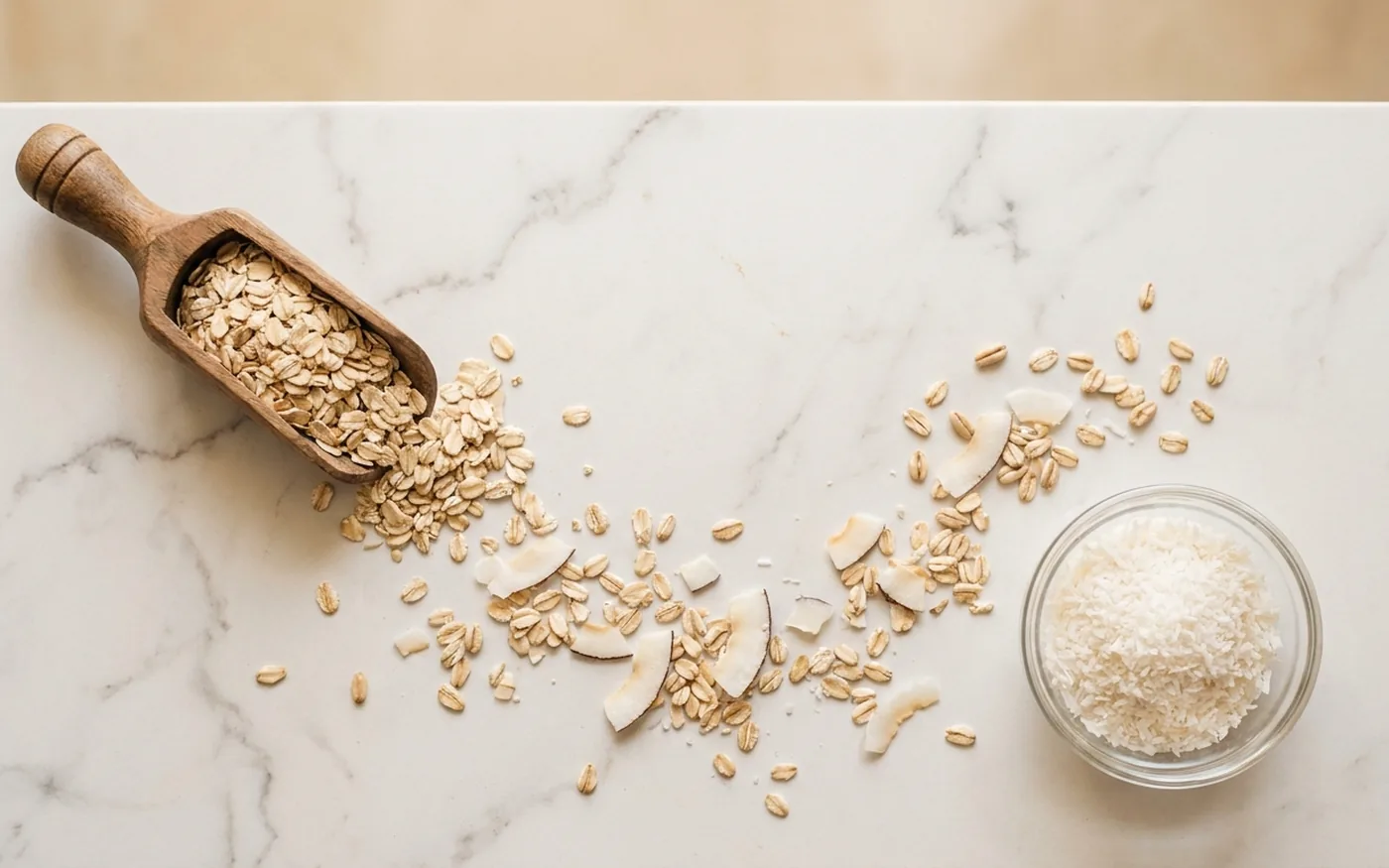 Overhead view of rolled oats and coconut flakes scattered on marble beside a wooden scoop