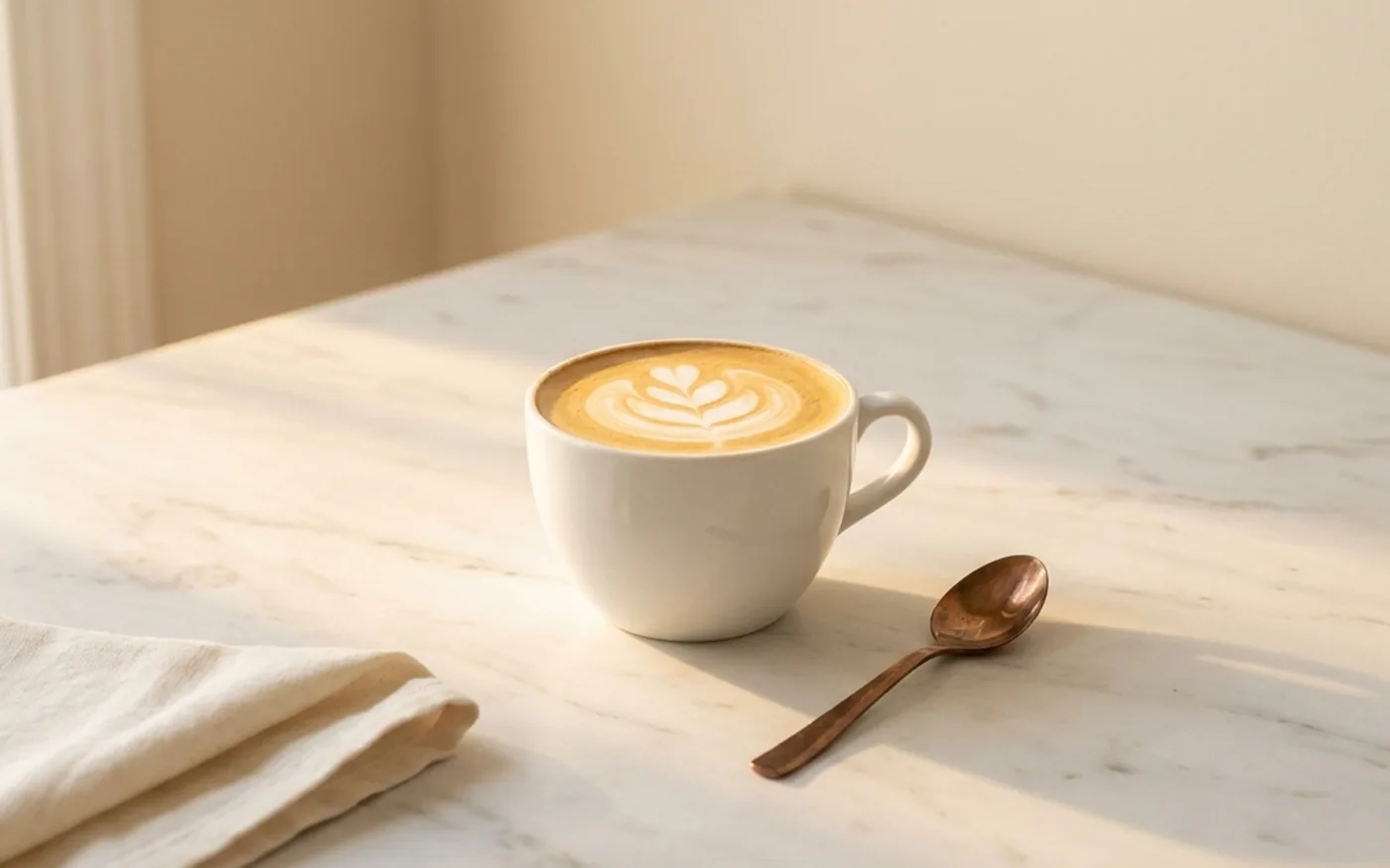 Latte with leaf latte art on a marble table beside a folded linen napkin and copper spoon