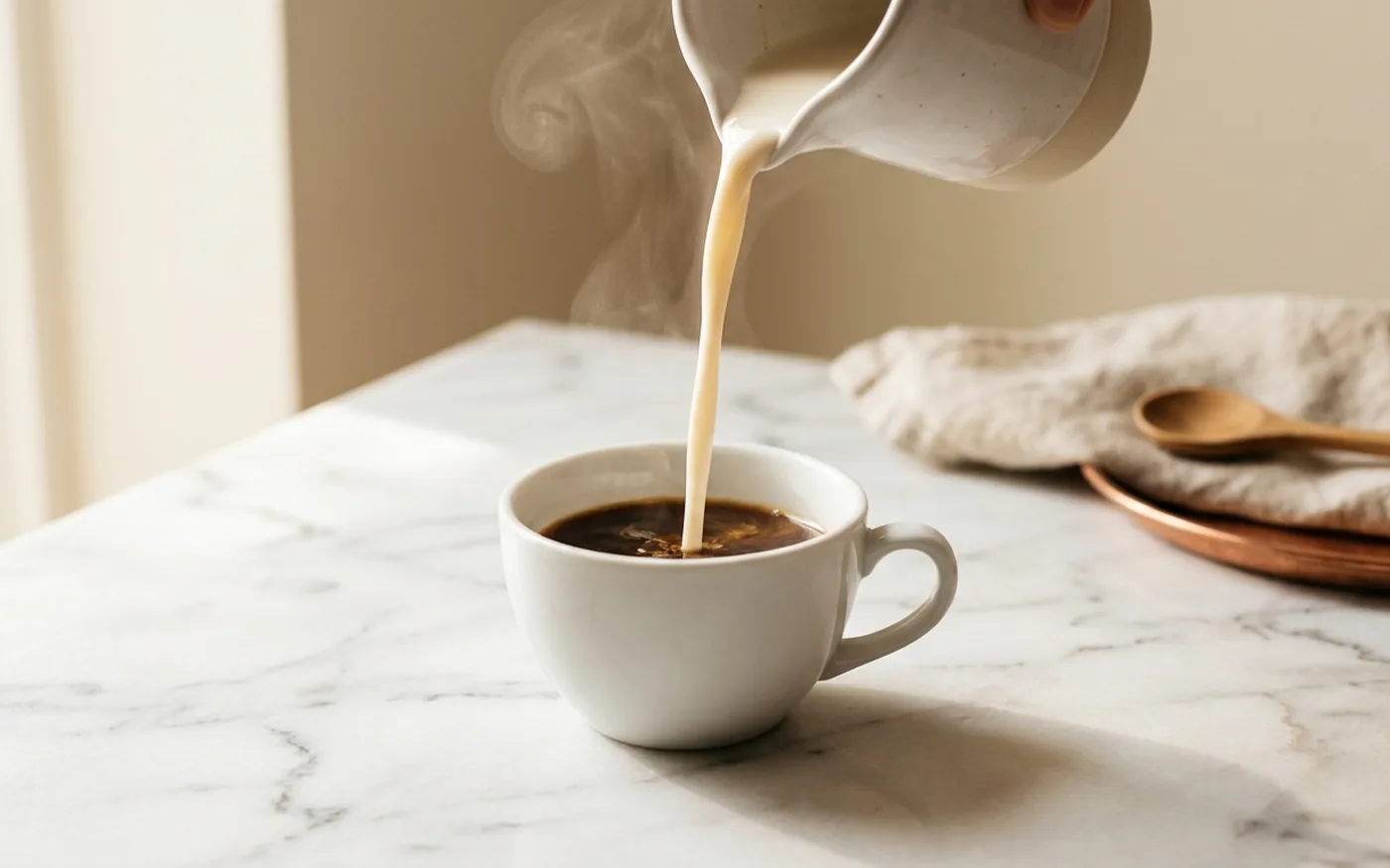 Steamed milk pouring into black coffee in a white cup, steam rising, on a marble counter