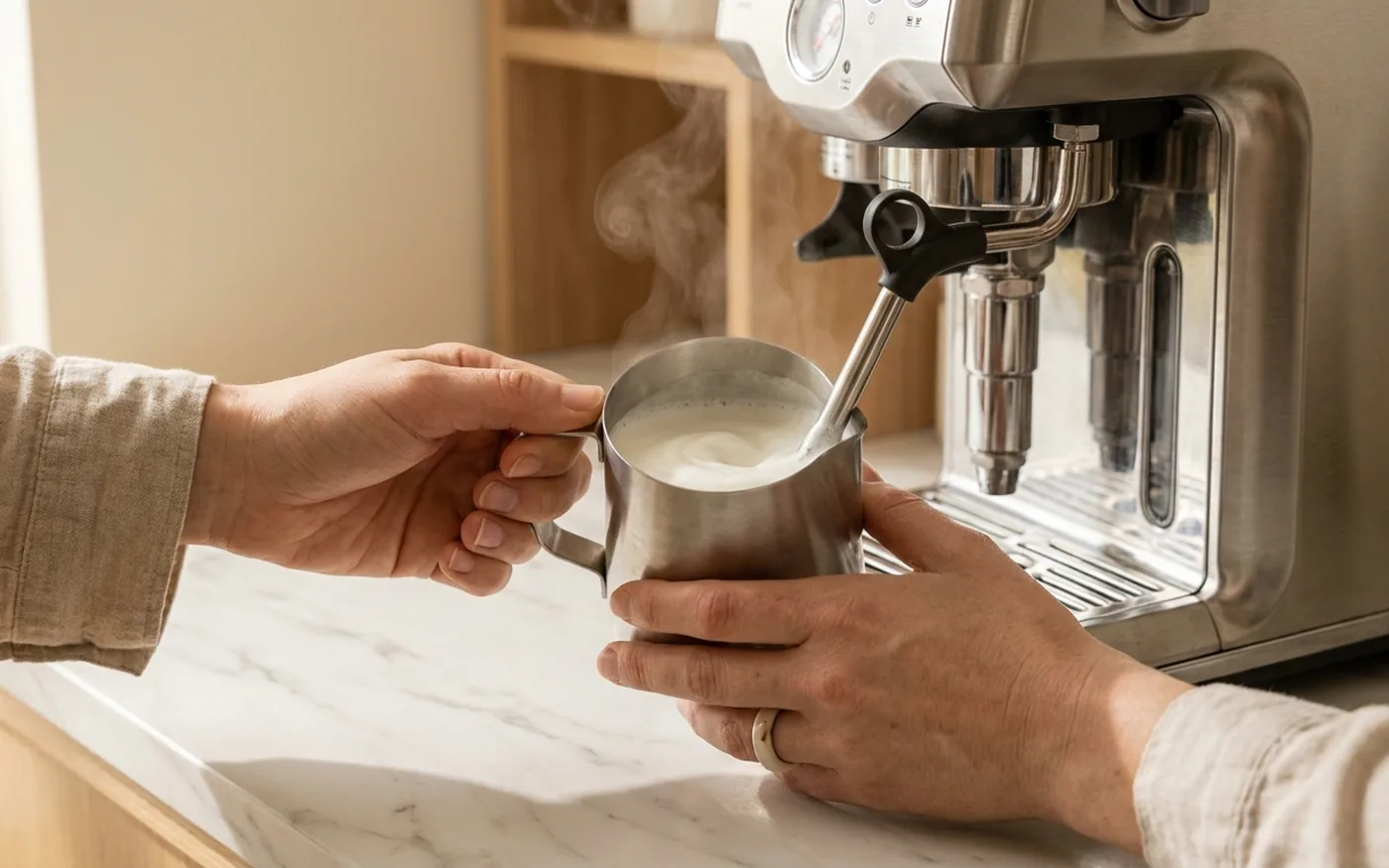 Hands steaming milk in a metal jug under an espresso machine steam wand