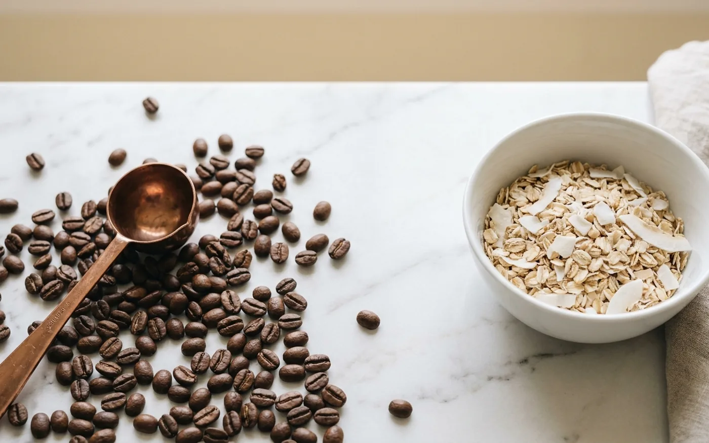 Overhead view of coffee beans and a copper scoop beside a bowl of oats with coconut flakes