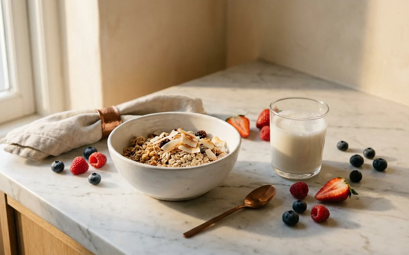 Bowl of granola with coconut flakes next to a glass of milk and fresh berries on marble