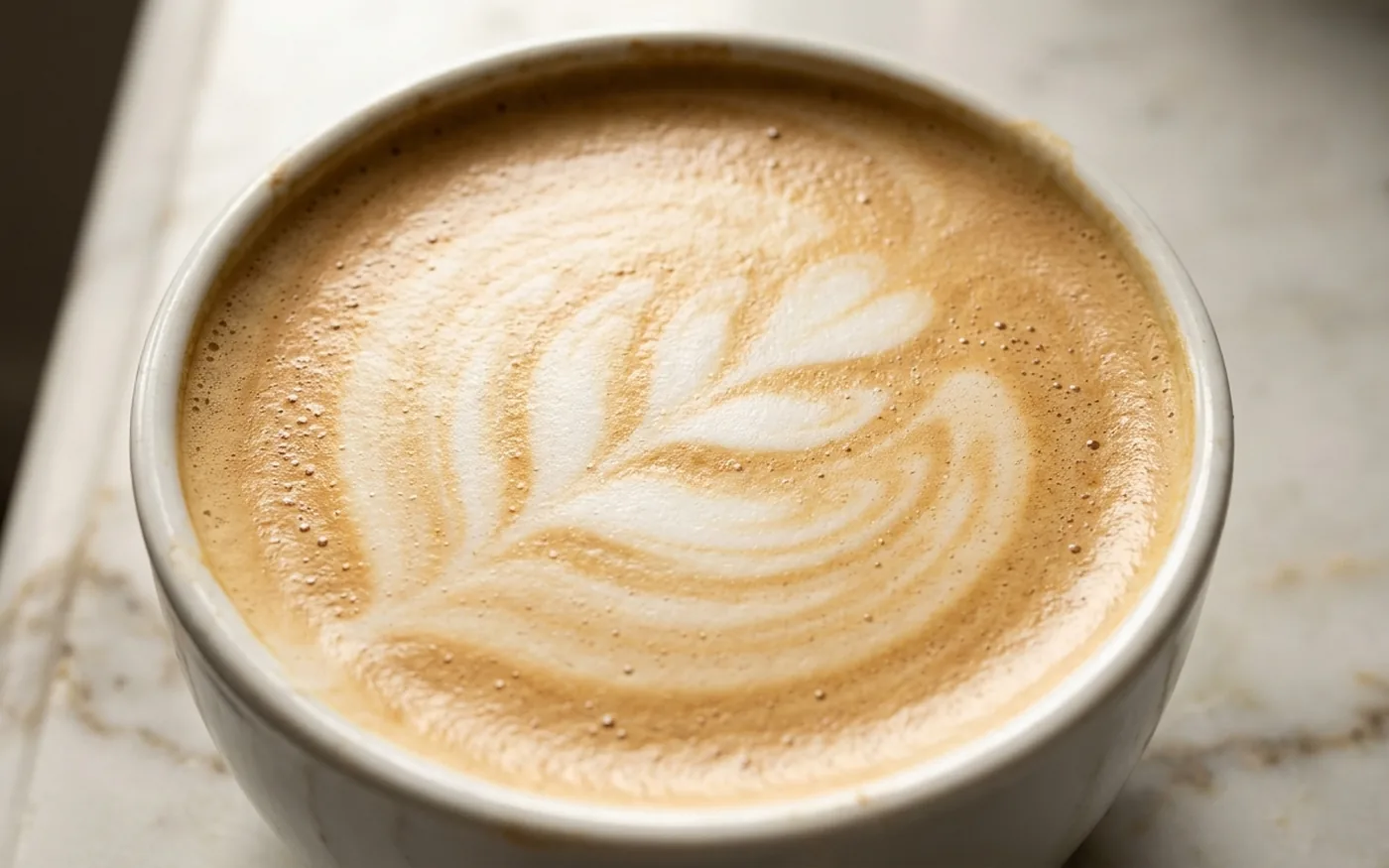 Close-up of a cappuccino with leaf-pattern latte art in white foam
