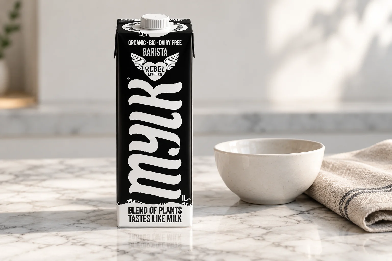 Rebel Kitchen Barista Mylk 1L carton on a marble counter beside a small white bowl and a folded cloth