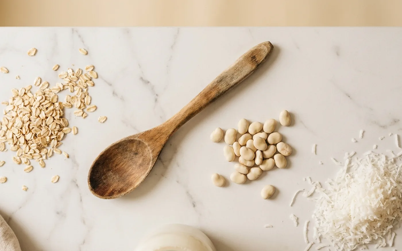 Overhead view of a wooden spoon between piles of oats, white beans and shredded coconut