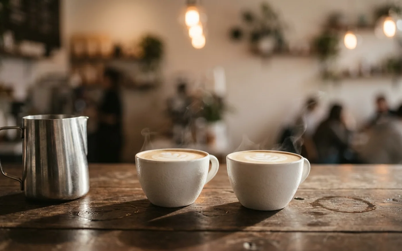 Two lattes with leaf latte art on a wooden cafe table, steam rising, cafe interior blurred behind