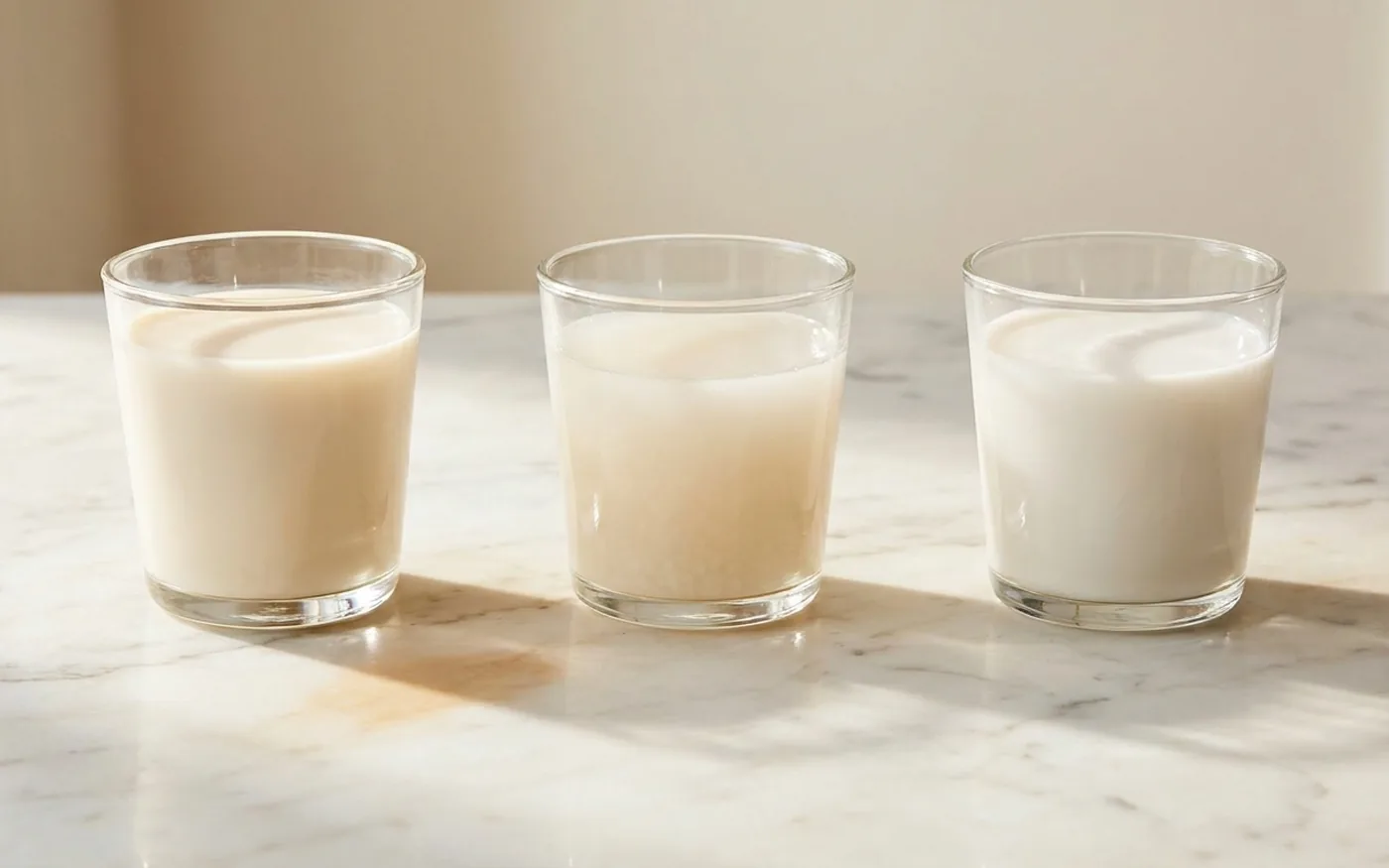 Three glasses of plant milk in different shades from tan to white lined up on marble