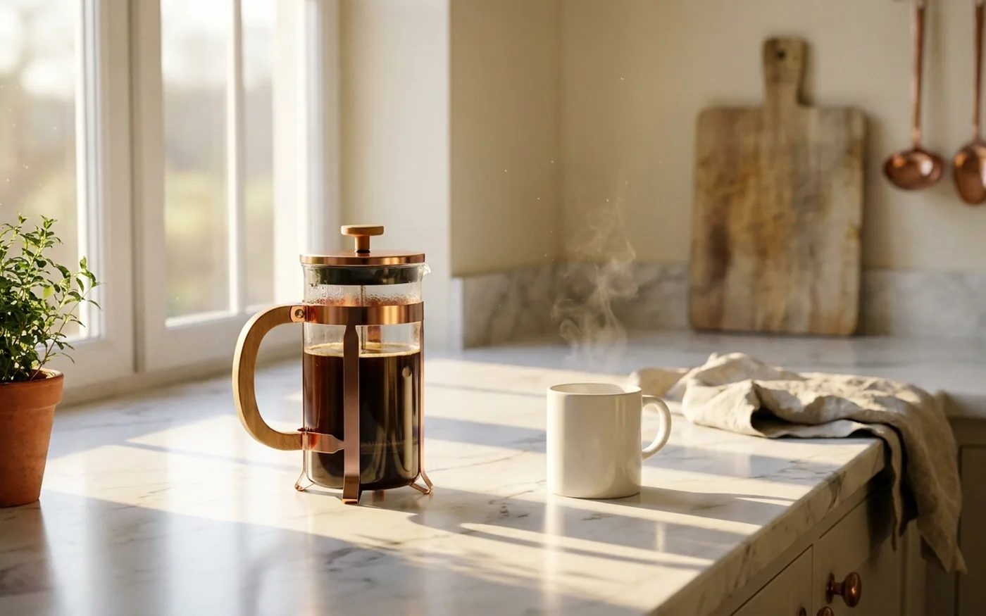 French press coffee maker and white mug on a sunlit marble counter with a potted plant nearby