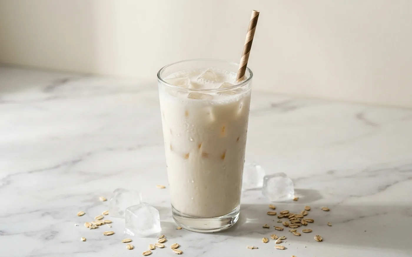 Iced latte in a tall glass with a striped straw, ice cubes and scattered oats on marble