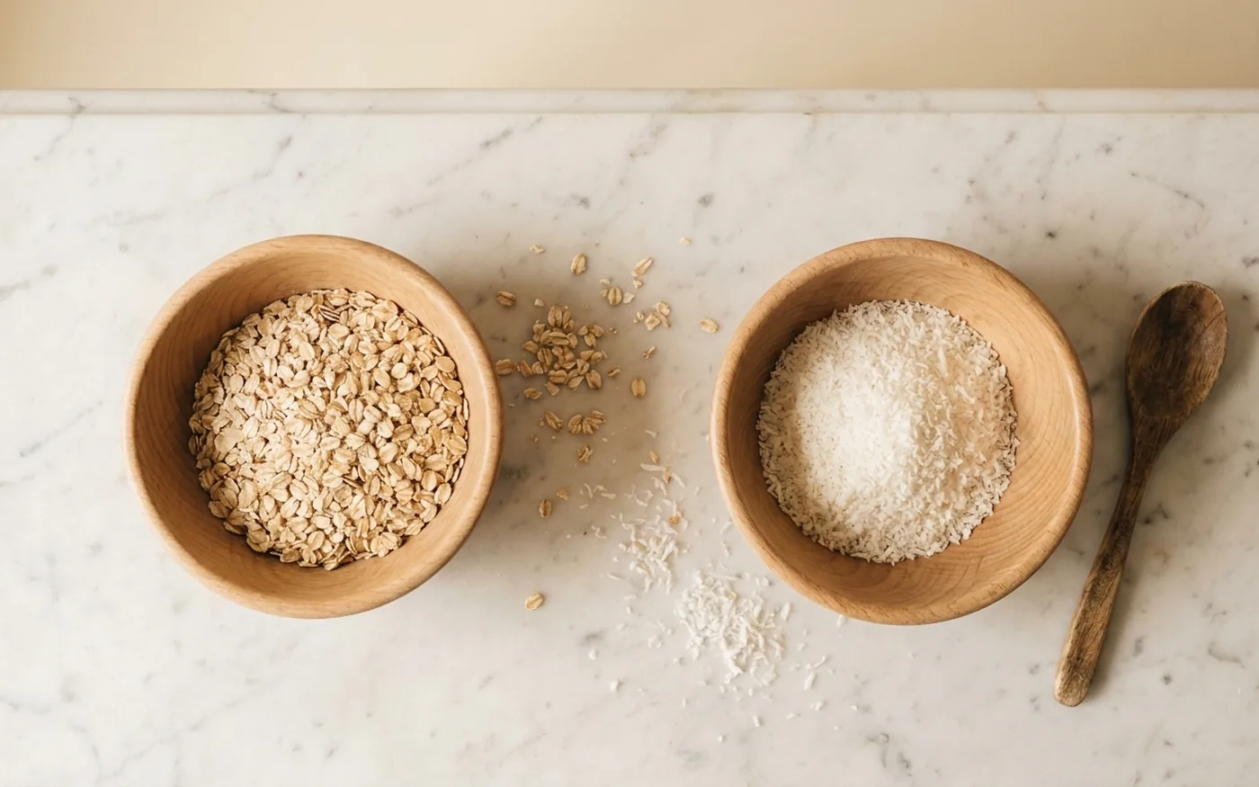 Two wooden bowls, one with rolled oats and one with shredded coconut, wooden spoon beside them