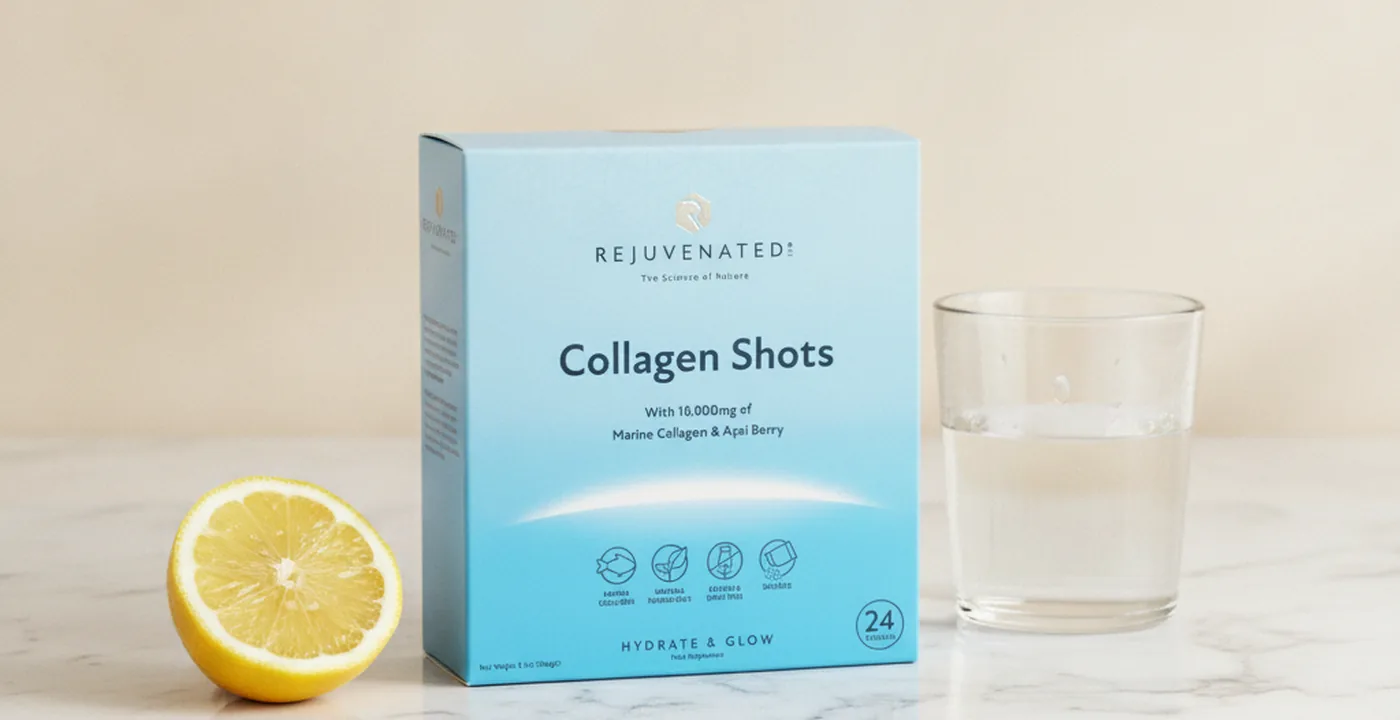 Rejuvenated Collagen Shots powder tub with spoon, reviewed by Balance Journal nutritionist