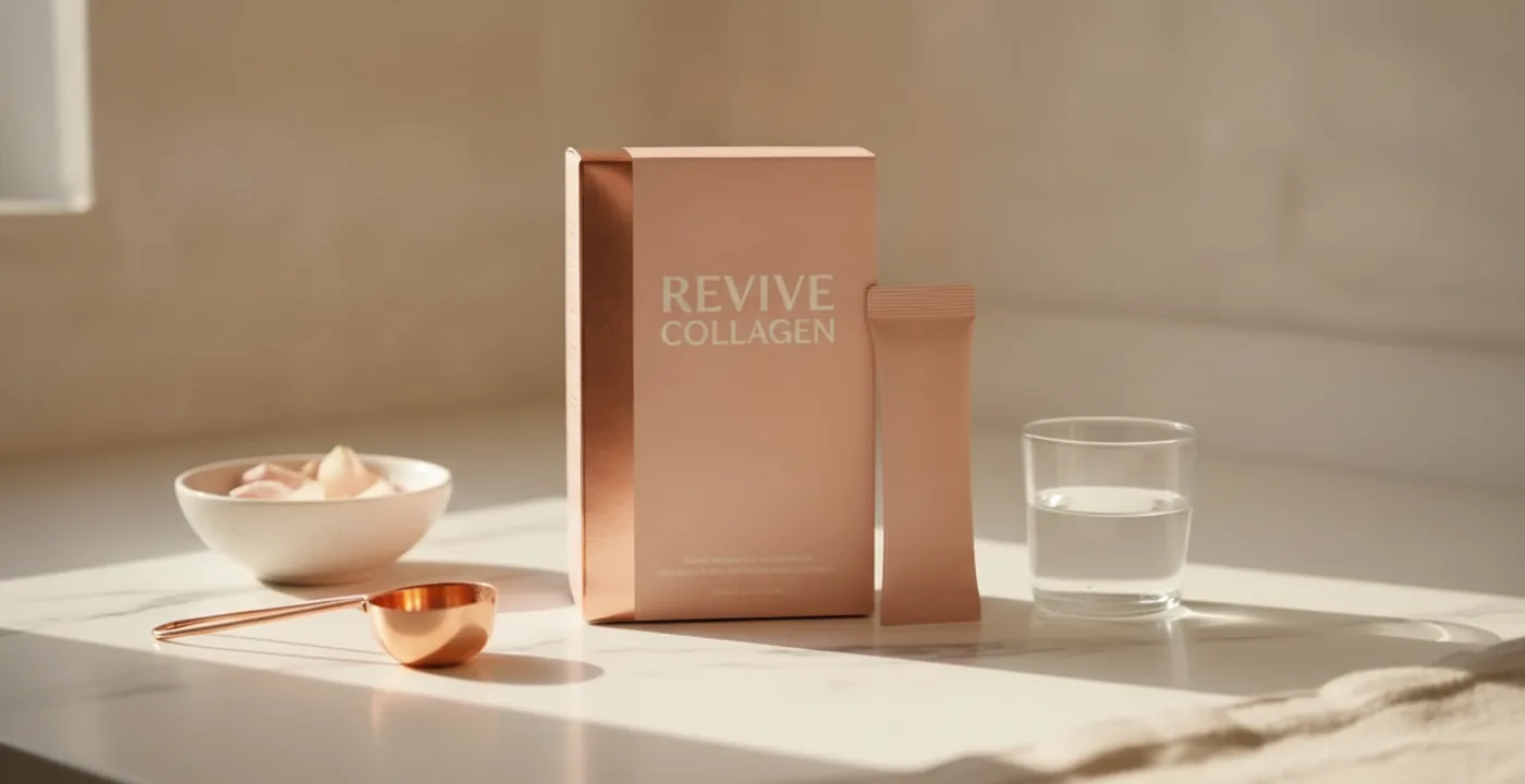 Revive Collagen Enhanced Plus and Original sachets on a light surface