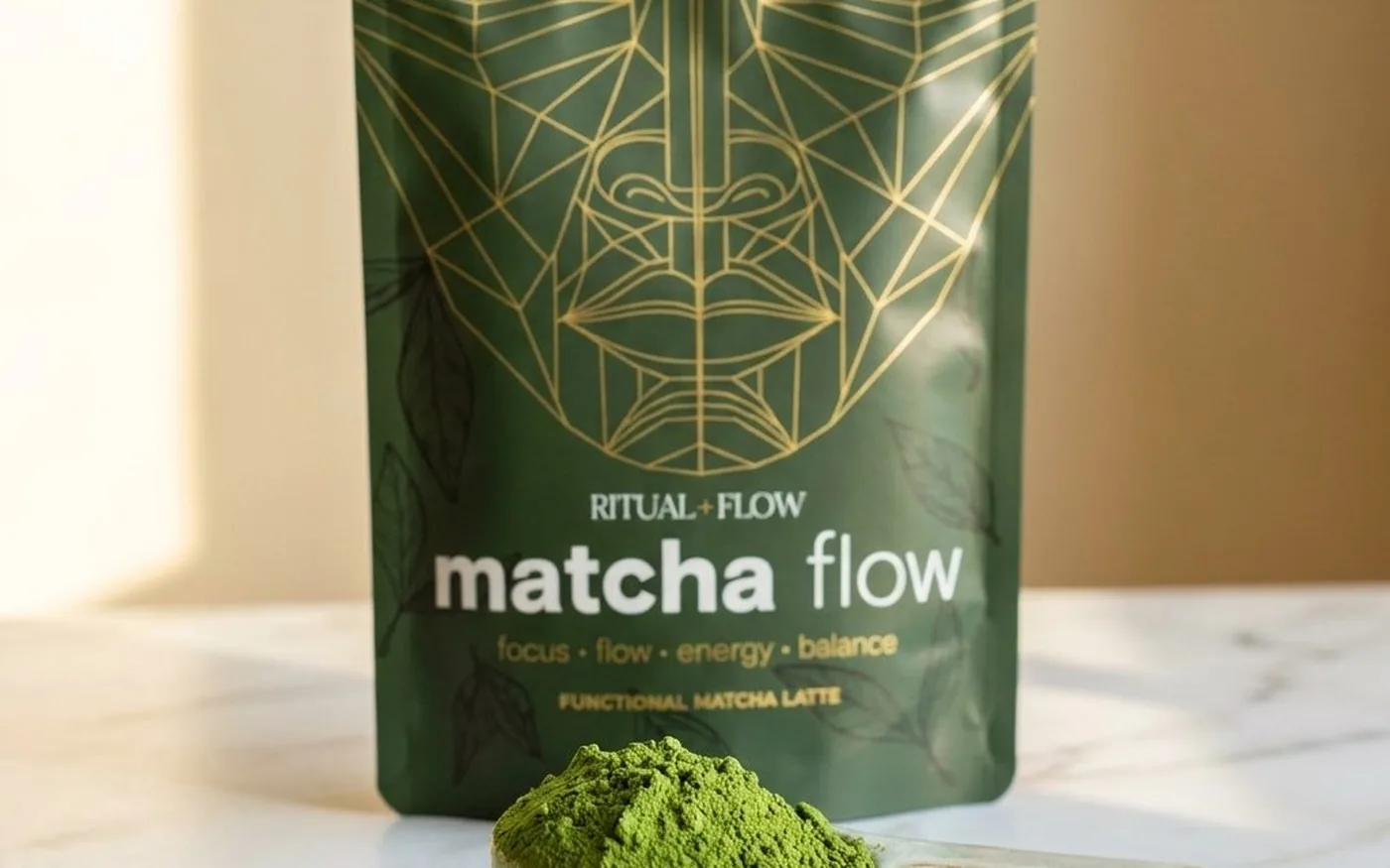 Ritual + Flow Matcha Flow ingredient powder showing vivid green colour in a scoop