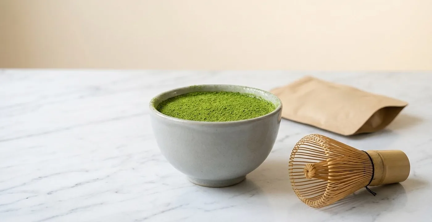 Ritual + Flow Matcha Flow product with vibrant jade green prepared drink