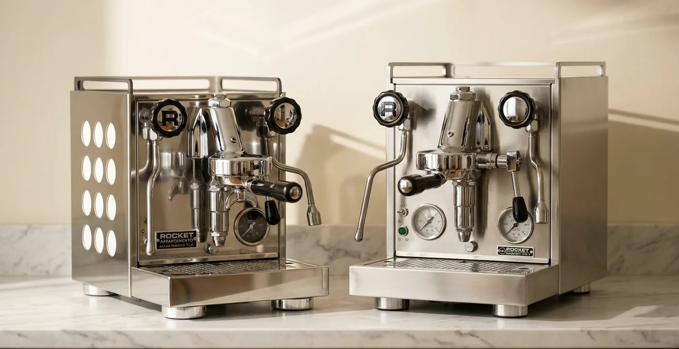 Rocket Appartamento TCA and Mozzafiato Type V espresso machines side by side on a marble kitchen counter