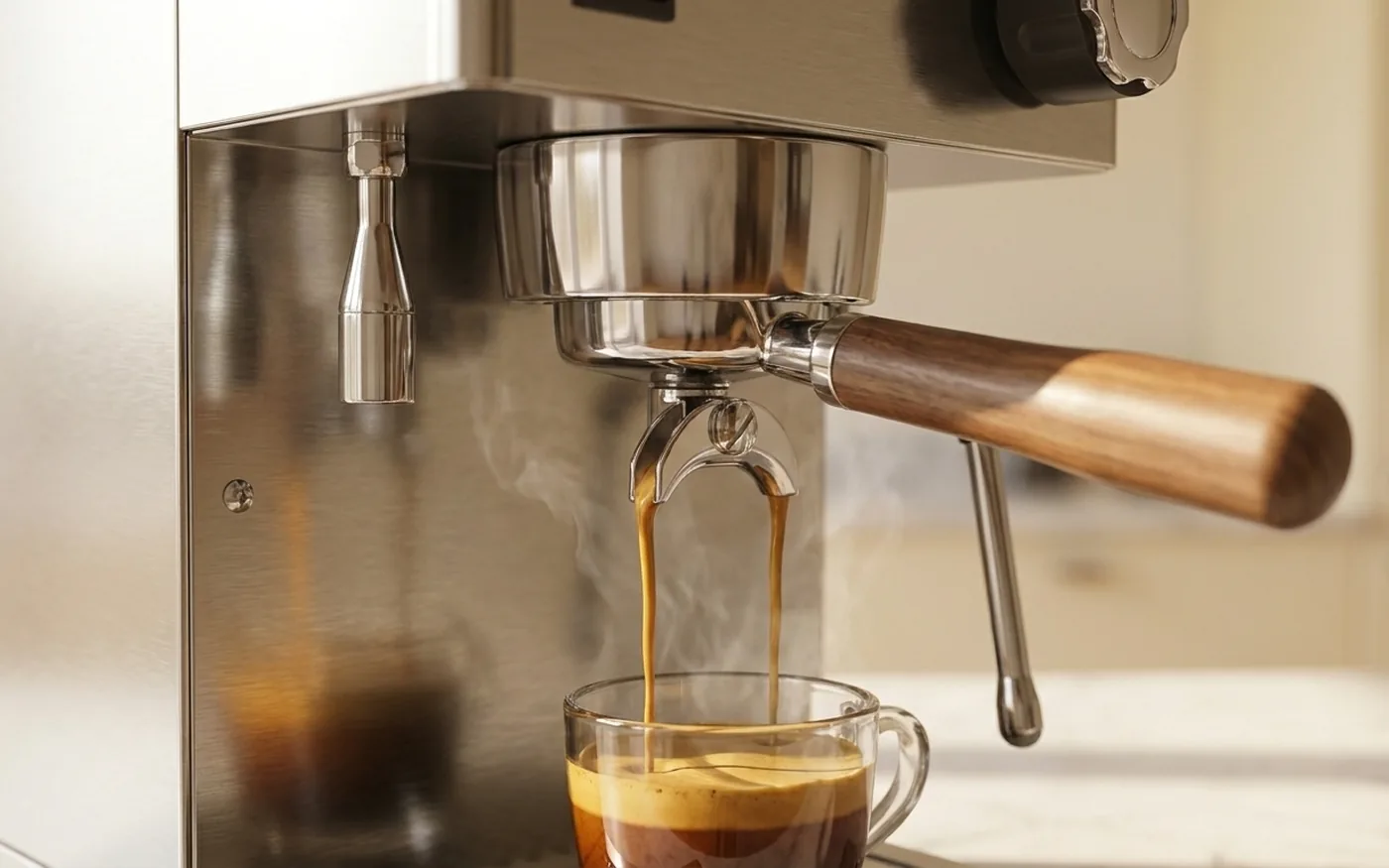 Espresso extracting from portafilter into a glass cup, rich crema forming
